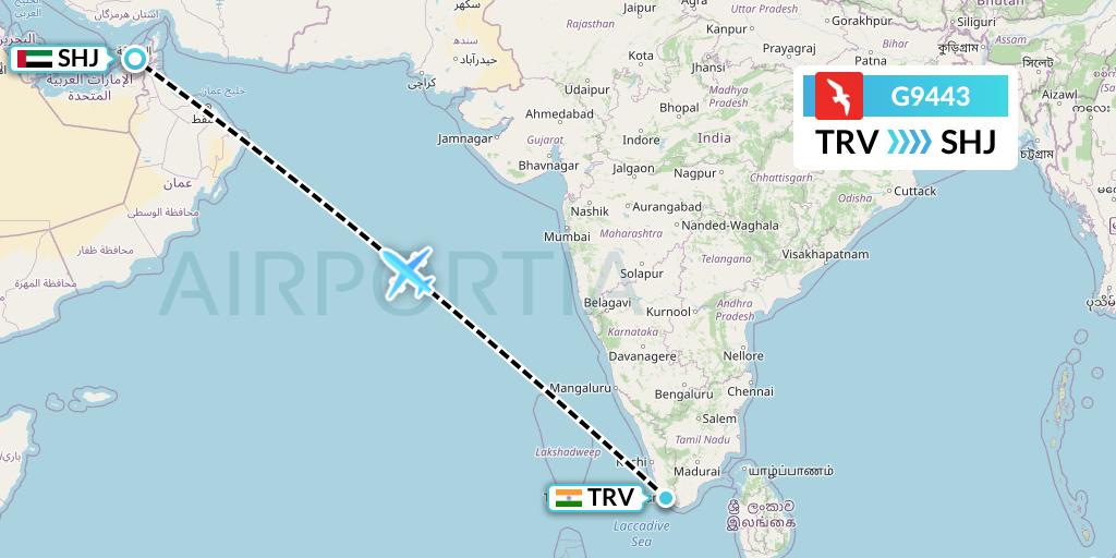G9443 Air Arabia Flight Map: Thiruvananthapuram to Sharjah
