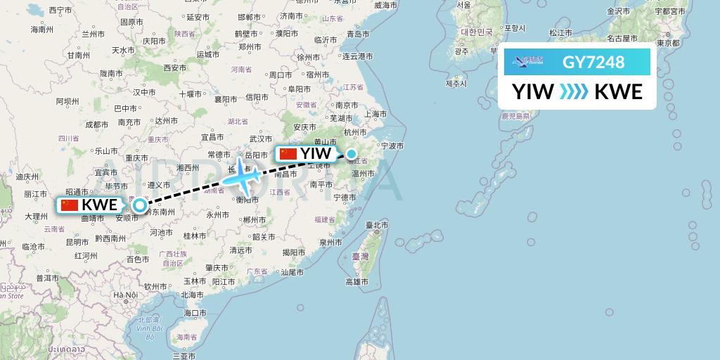 GY7248 Colorful GuiZhou Airlines Flight Map: Yiwu to Guiyang
