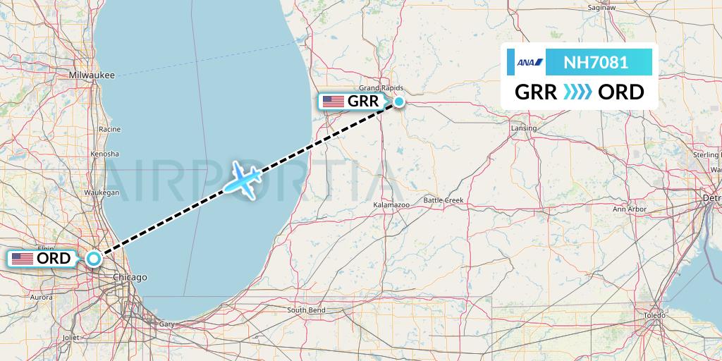 NH7081 All Nippon Airways Flight Map: Grand Rapids to Chicago