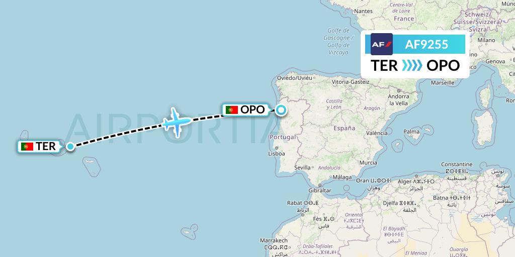 AF9255 Air France Flight Map: Lajes to Porto