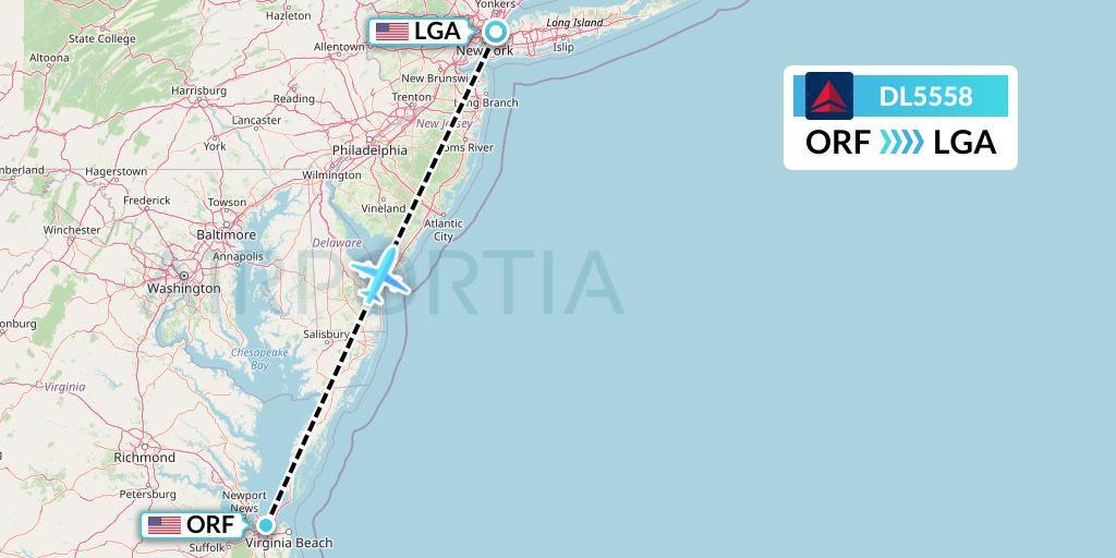 DL5558 Delta Air Lines Flight Map: Norfolk to New York