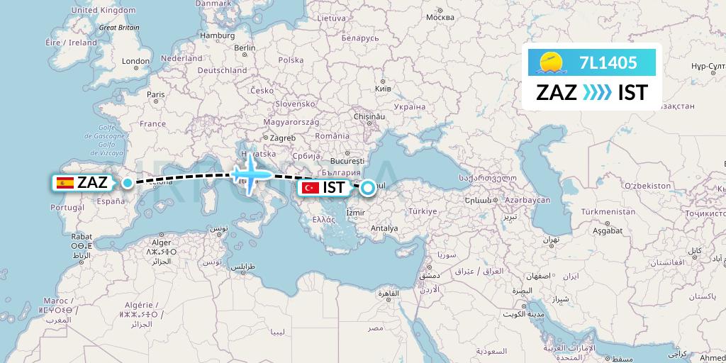 7L1405 Silk Way West Airlines Flight Map: Zaragoza to Istanbul