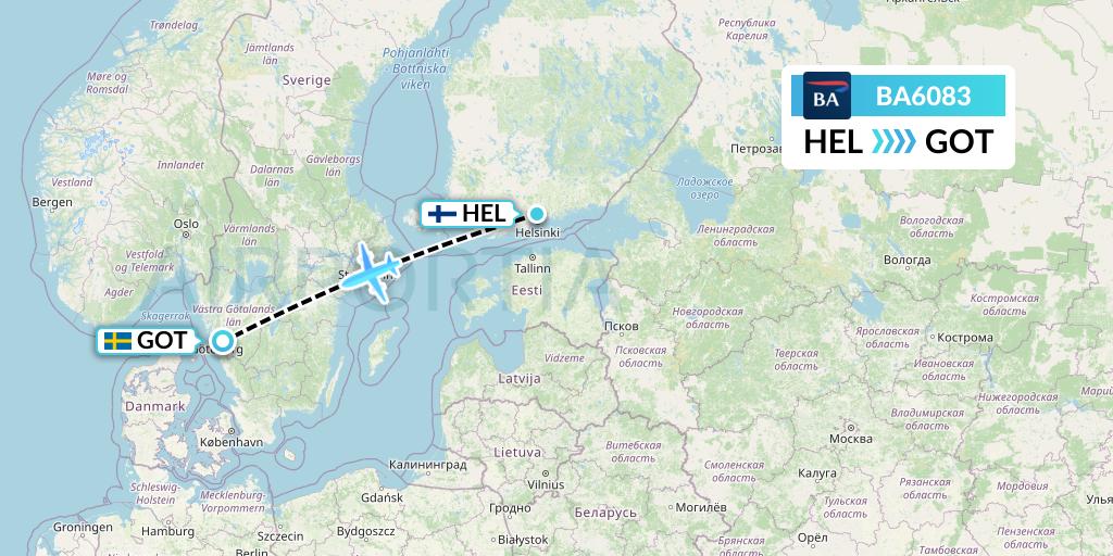 BA6083 British Airways Flight Map: Helsinki to Gothenburg
