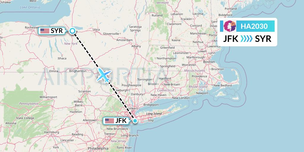 HA2030 Hawaiian Airlines Flight Map: New York to Syracuse