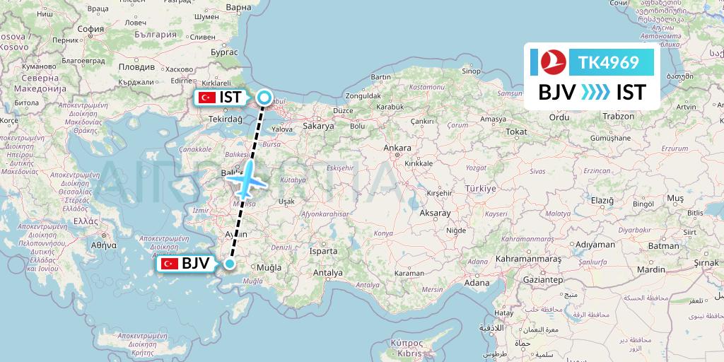 TK4969 Turkish Airlines Flight Map: Bodrum to Istanbul