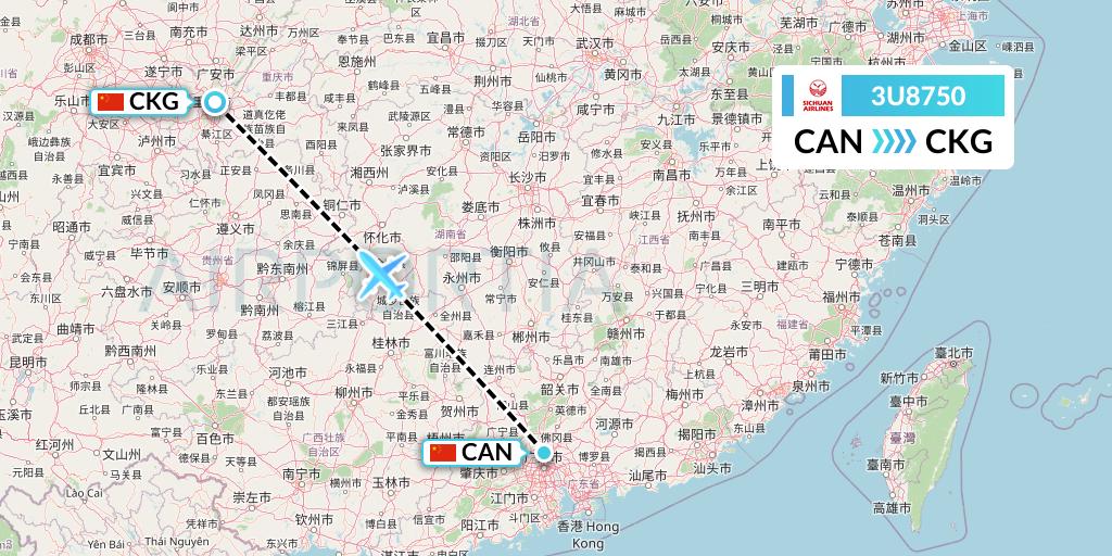 3U8750 Sichuan Airlines Flight Map: Guangzhou to Chongqing