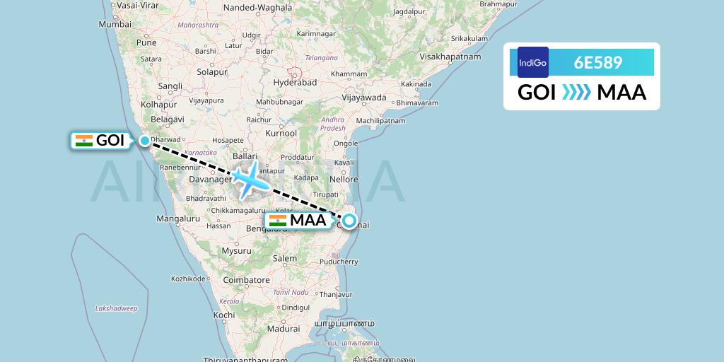 6E589 IndiGo Airlines Flight Map: Goa to Chennai