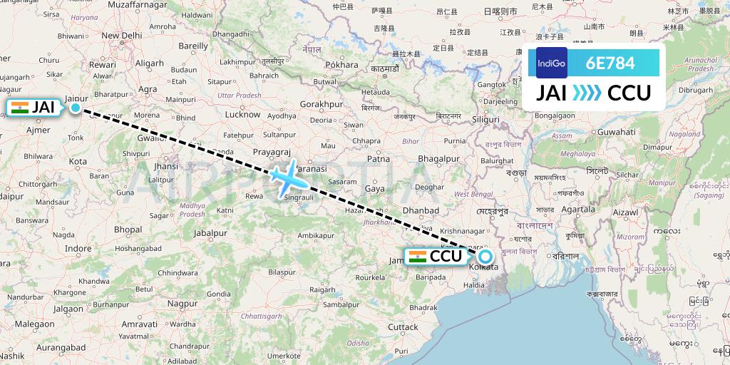 6E784 IndiGo Airlines Flight Map: Jaipur to Kolkata