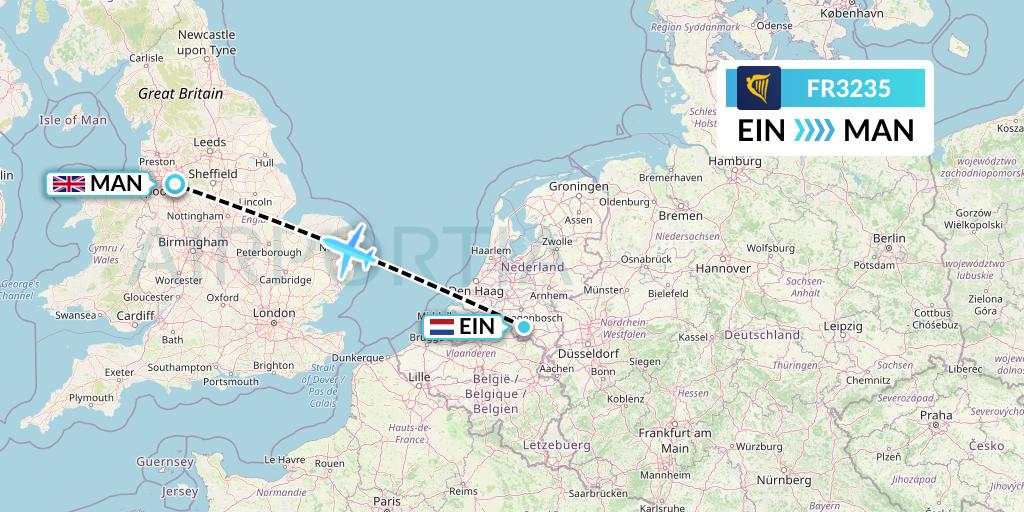 FR3235 Ryanair Flight Map: Eindhoven to Manchester
