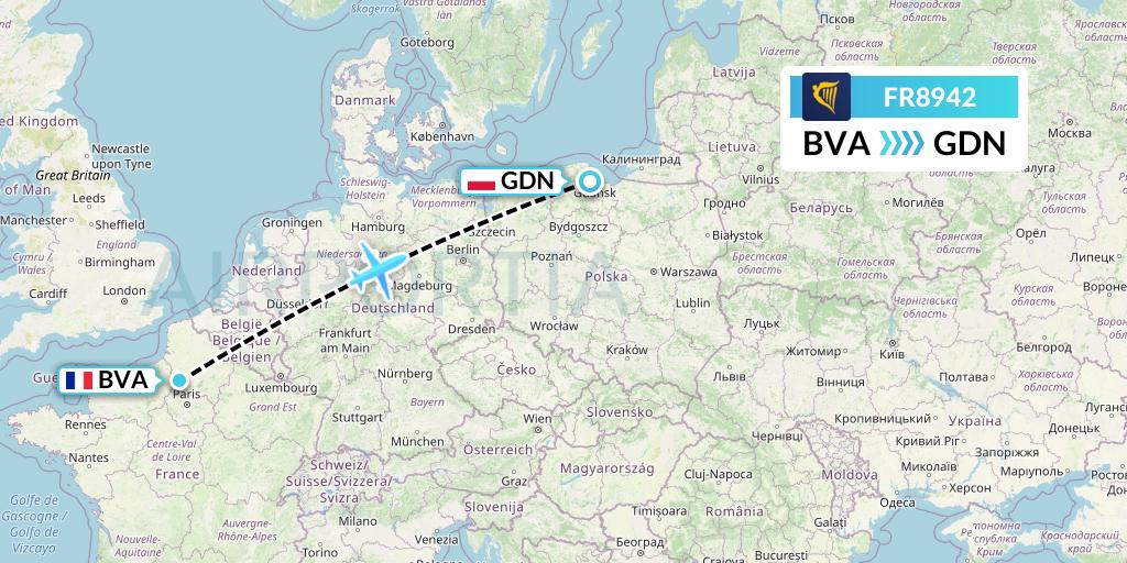 FR8942 Ryanair Flight Map: Paris to Gdansk