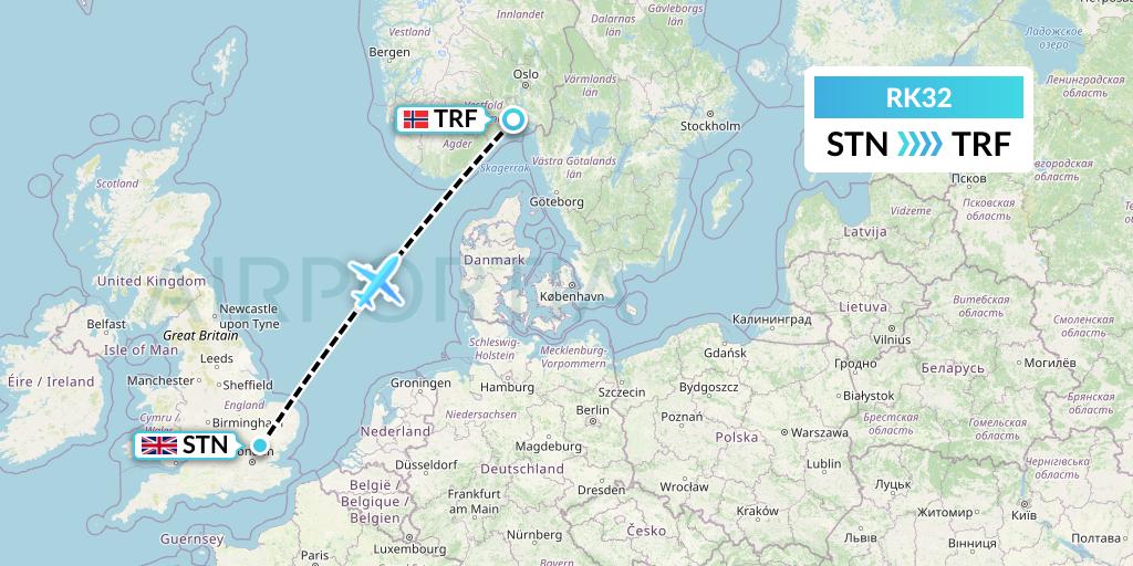 RK32 Ryanair UK Flight Map: London to Oslo