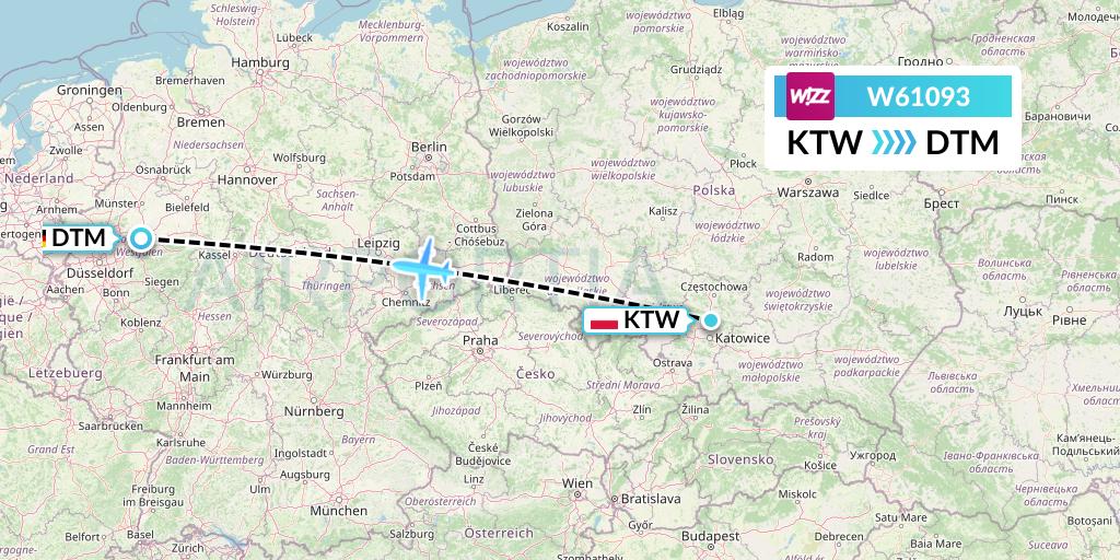 W61093 Wizz Air Flight Map: Katowice to Dortmund
