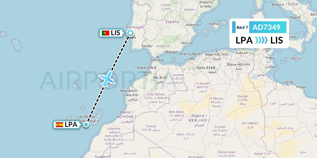 AD7349 Azul Brazilian Airlines Flight Map: Las Palmas to Lisbon