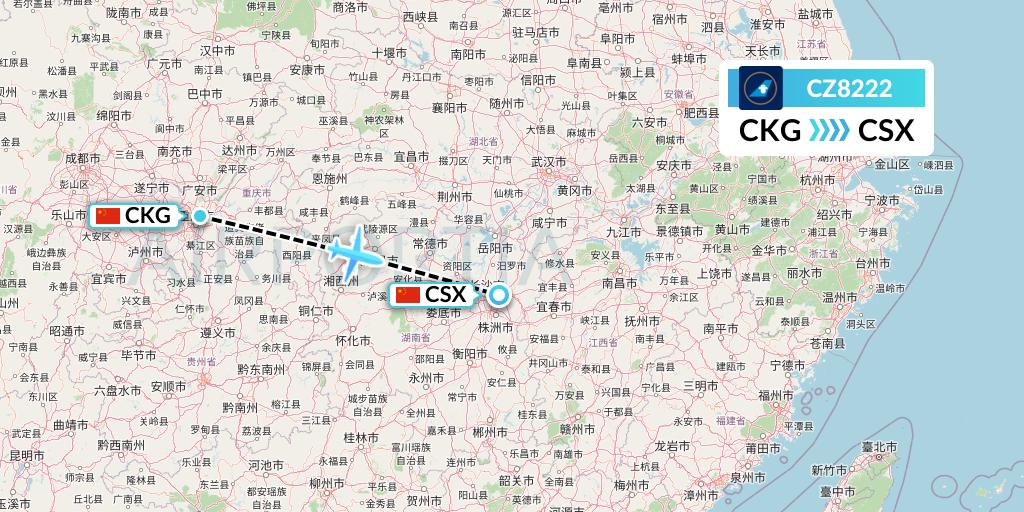 CZ8222 China Southern Airlines Flight Map: Chongqing to Changsha