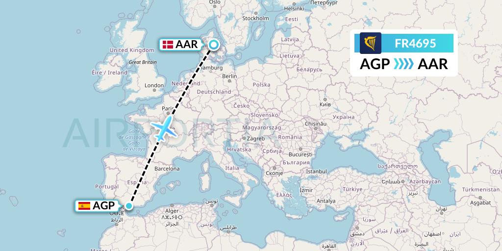 FR4695 Ryanair Flight Map: Malaga to Aarhus