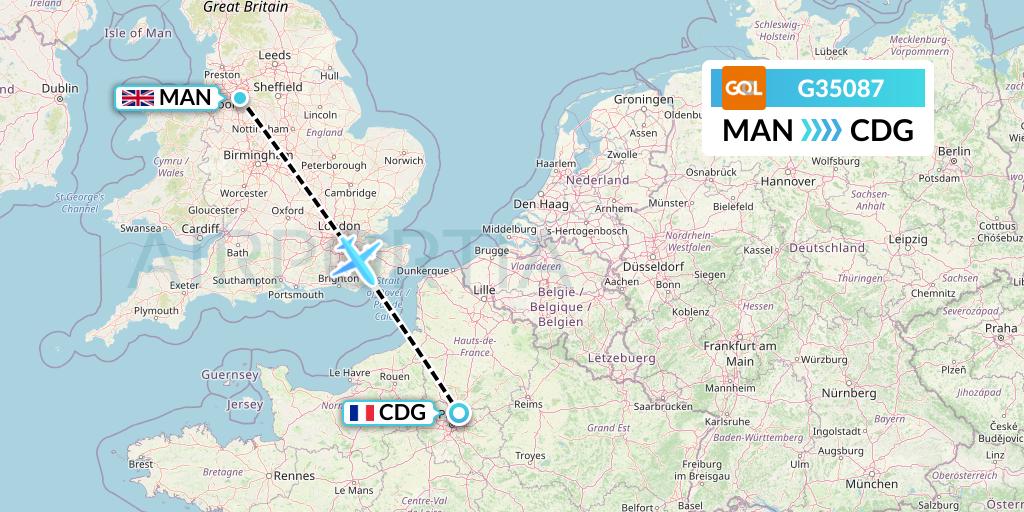 G35087 GOL Transportes Aeros Flight Map: Manchester to Paris