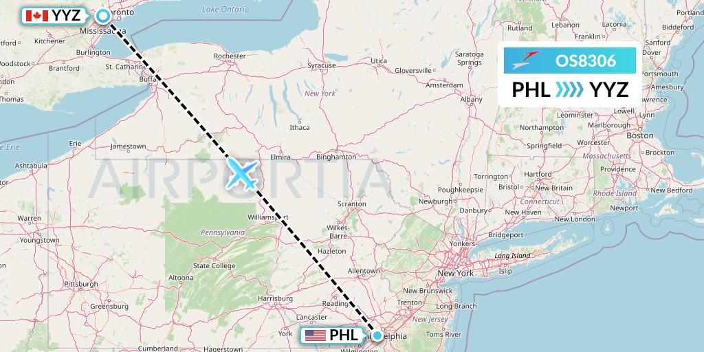 OS8306 Austrian Airlines Flight Map: Philadelphia to Toronto