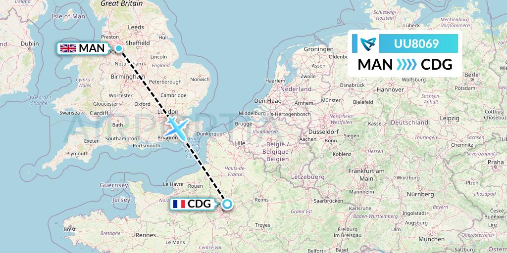 UU8069 Air Austral Flight Map: Manchester to Paris