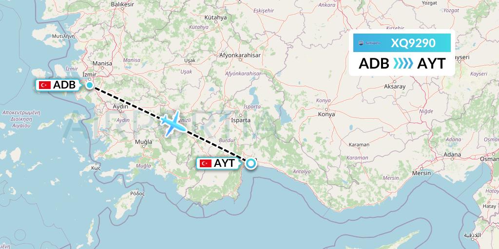 XQ9290 SunExpress Flight Map: Izmir to Antalya