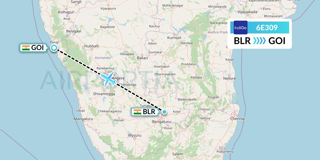 6E309 IndiGo Airlines Flight Map: Bangalore to Goa