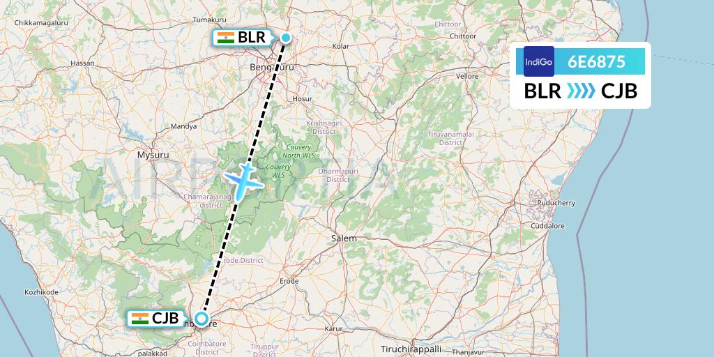 6E6875 IndiGo Airlines Flight Map: Bangalore to Coimbatore