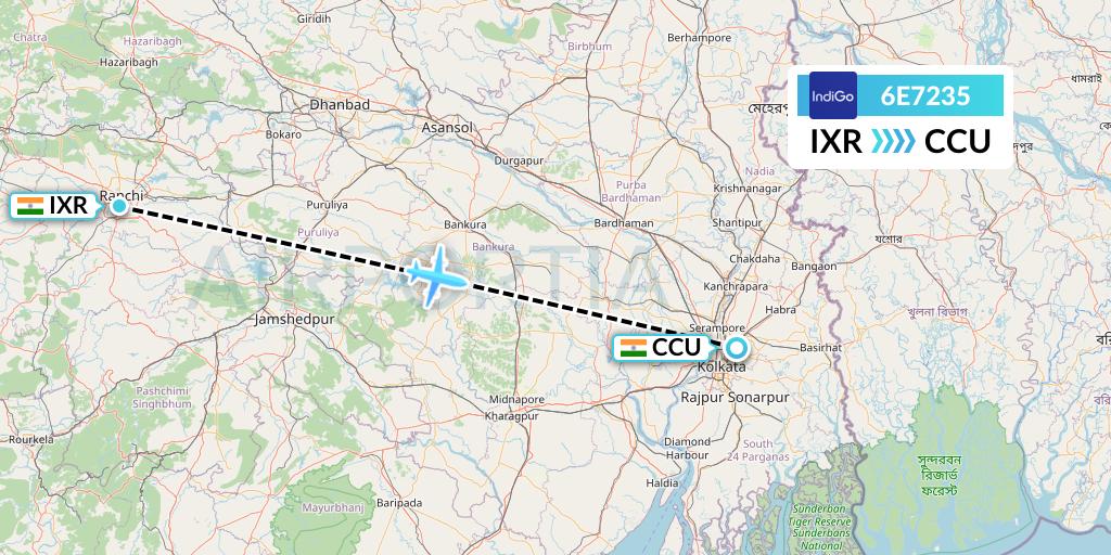 6E7235 IndiGo Airlines Flight Map: Ranchi to Kolkata