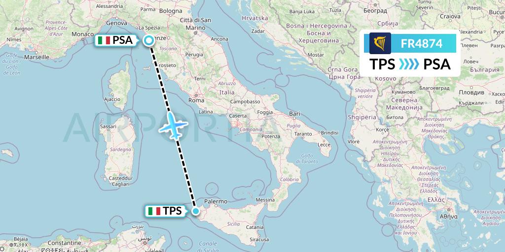 FR4874 Ryanair Flight Map: Trapani to Pisa