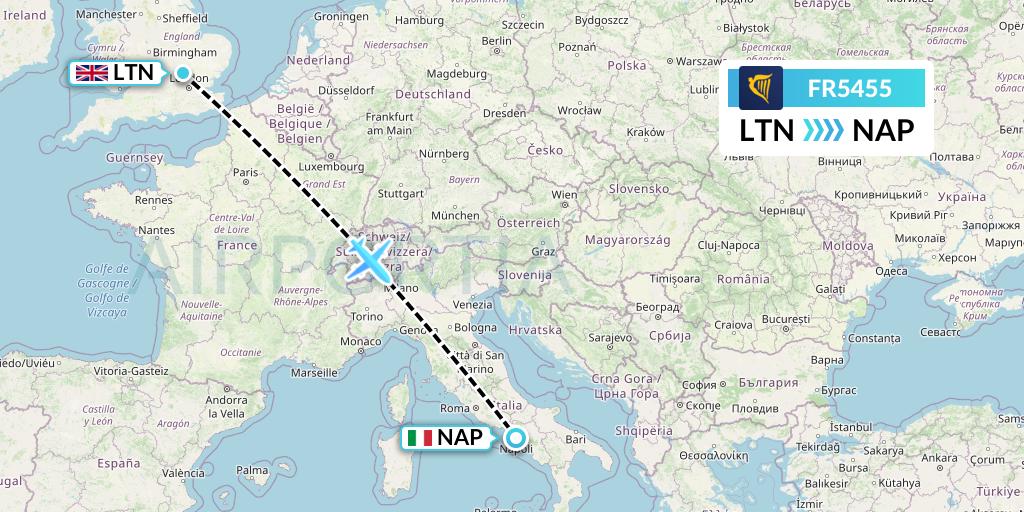 FR5455 Ryanair Flight Map: London to Naples