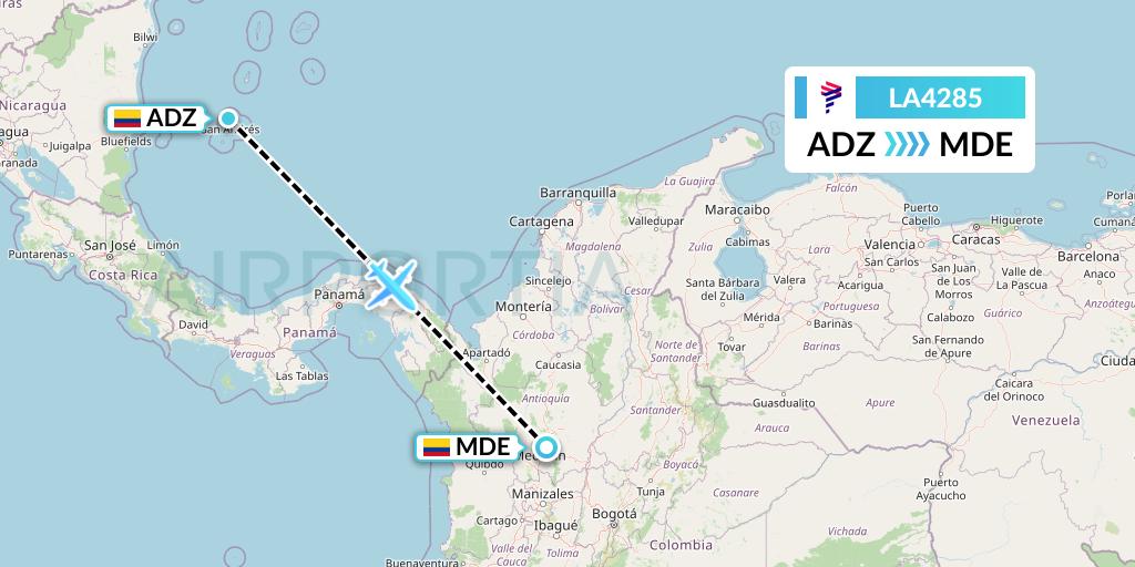 LA4285 LAN Airlines Flight Map: San Andres Island to Medellin