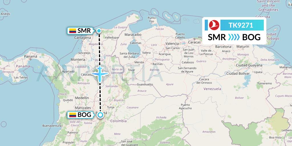 TK9271 Turkish Airlines Flight Map: Santa Marta to Bogota