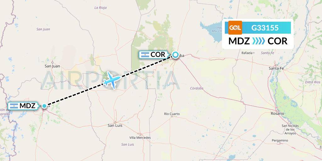 G33155 GOL Transportes Aeros Flight Map: Mendoza to Cordoba