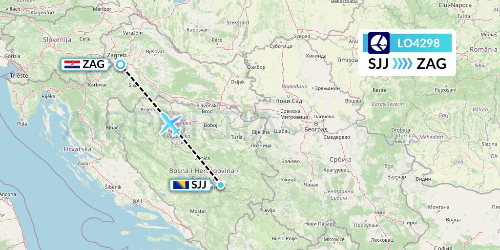 LO4298 LOT Flight Map: Sarajevo to Zagreb