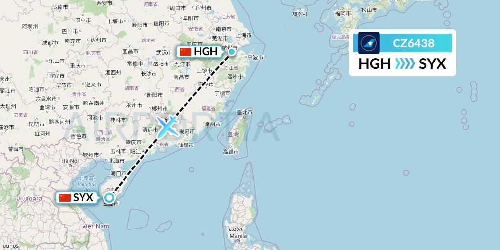 CZ6438 China Southern Airlines Flight Map: Hangzhou to Sanya