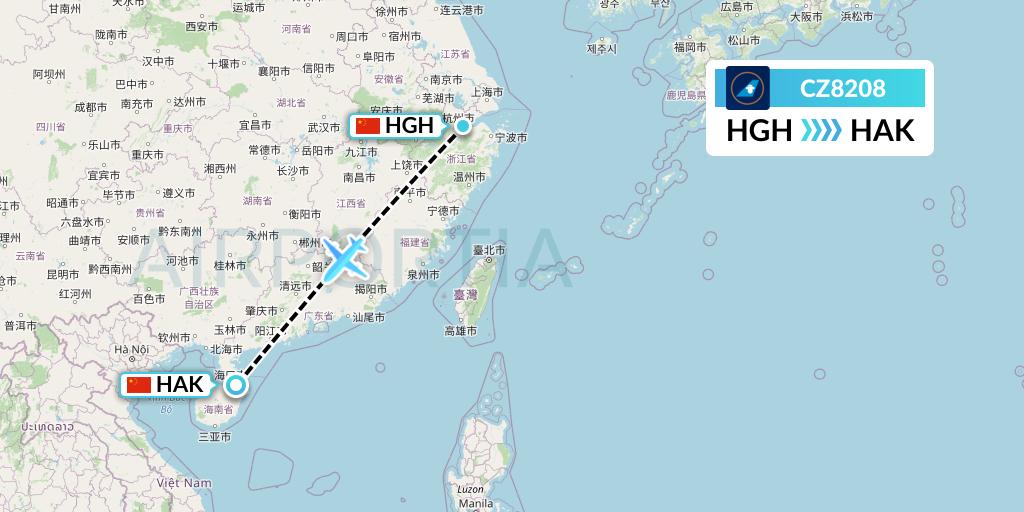 CZ8208 China Southern Airlines Flight Map: Hangzhou to Haikou