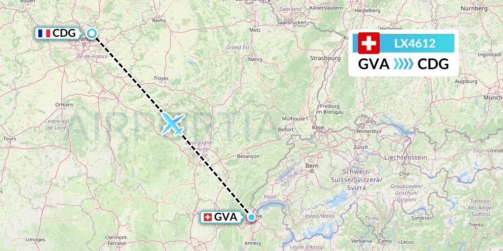 LX4612 Swiss Flight Map: Geneva to Paris