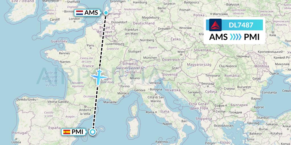 DL7487 Delta Air Lines Flight Map: Amsterdam to Palma de Mallorca