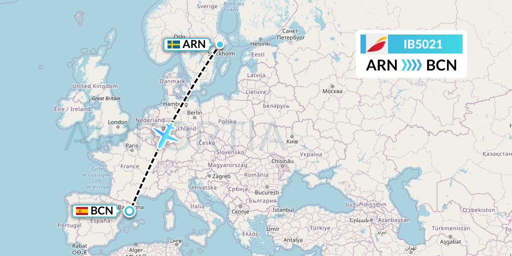 IB5021 Iberia Flight Map: Stockholm to Barcelona