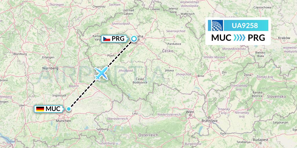 UA9258 United Airlines Flight Map: Munich to Prague