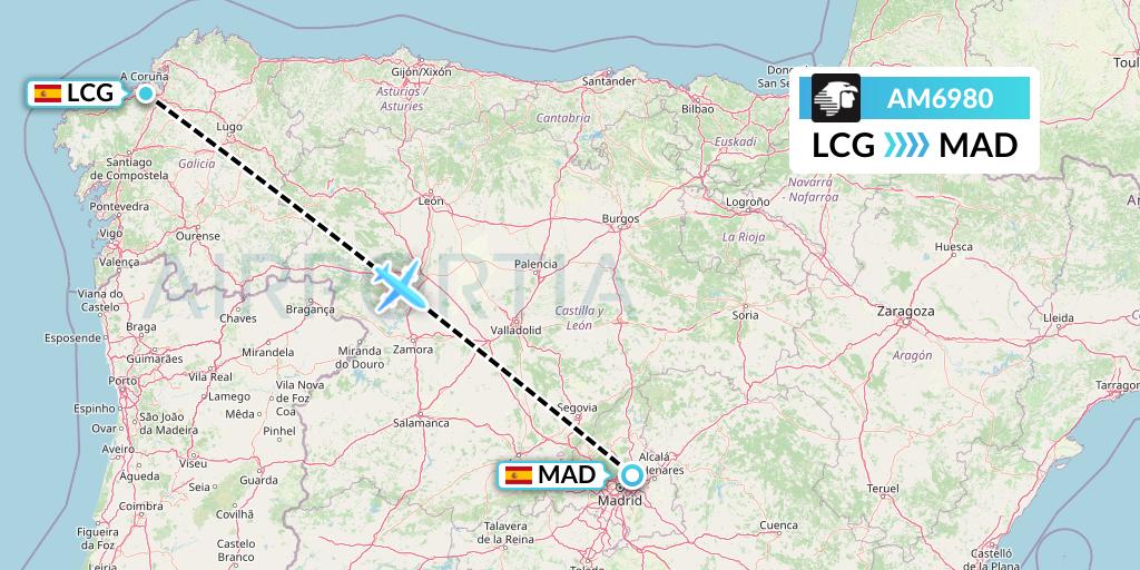 AM6980 Aeromexico Flight Map: A Coruna to Madrid