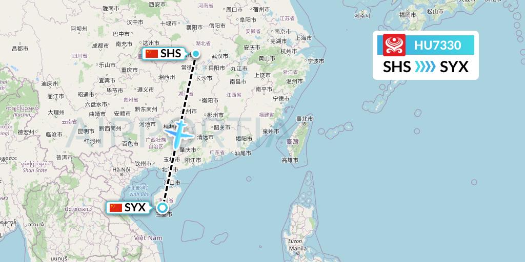 HU7330 Hainan Airlines Flight Map: Shashi to Sanya