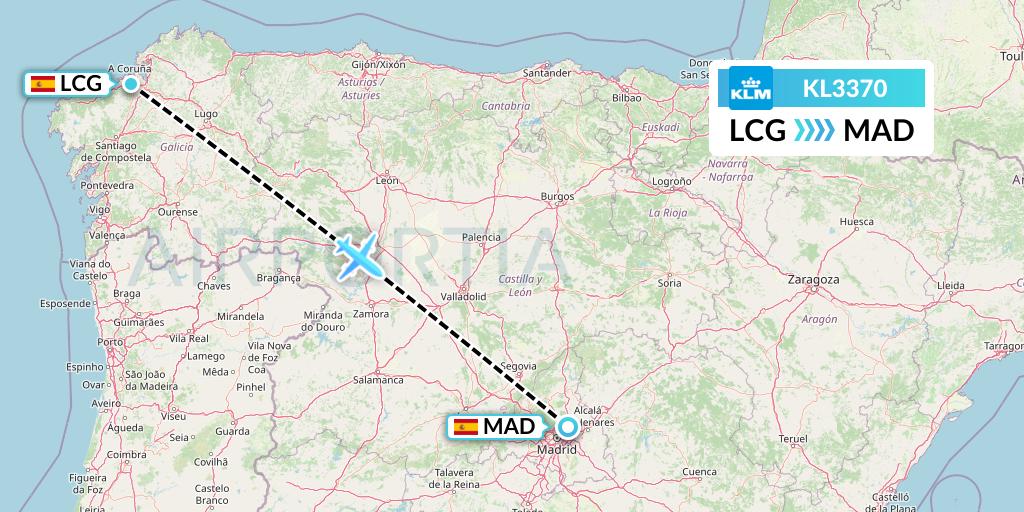 KL3370 KLM Flight Map: A Coruna to Madrid