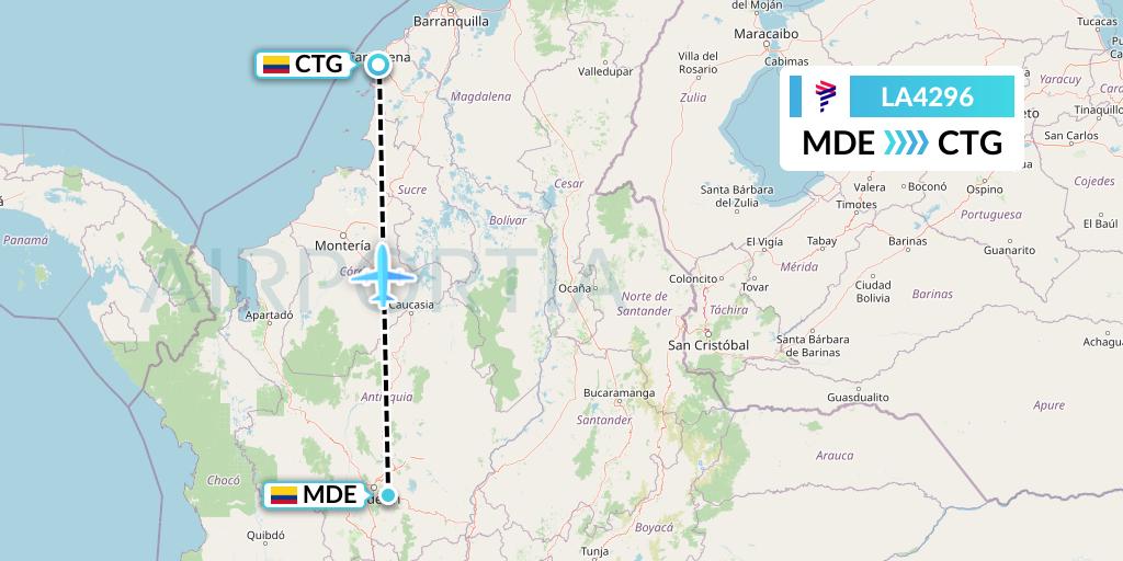 LA4296 LAN Airlines Flight Map: Medellin to Cartagena