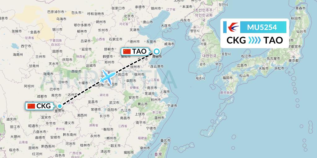 MU5254 China Eastern Airlines Flight Map: Chongqing to Qingdao