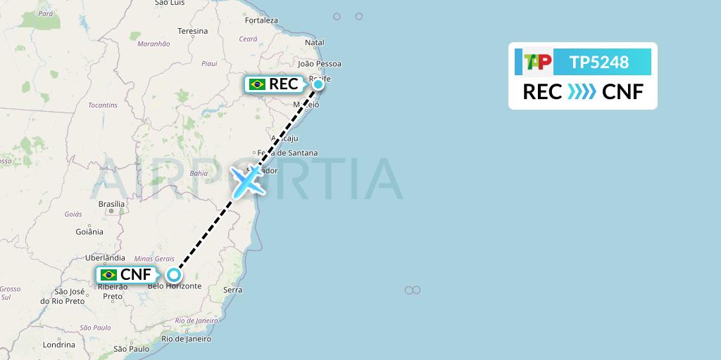 TP5248 TAP Portugal Flight Map: Recife to Belo Horizonte