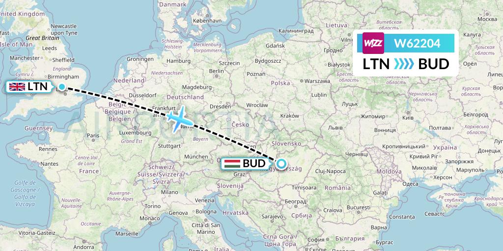 W62204 Wizz Air Flight Map: London to Budapest
