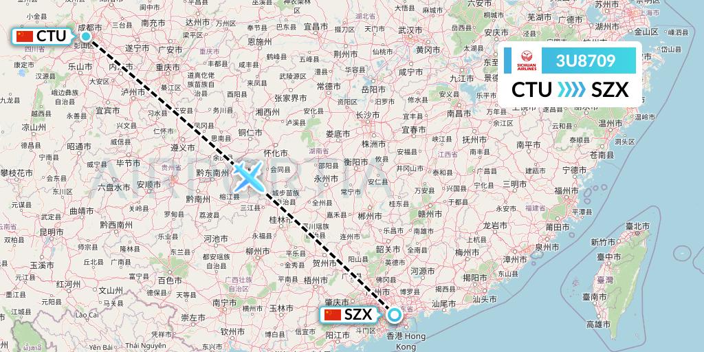 3U8709 Sichuan Airlines Flight Map: Chengdu to Shenzhen