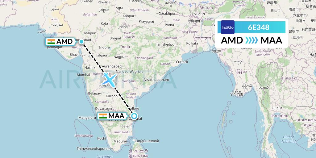 6E348 IndiGo Airlines Flight Map: Ahmedabad to Chennai