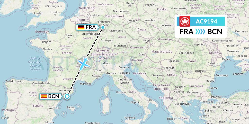 AC9194 Air Canada Flight Map: Frankfurt to Barcelona