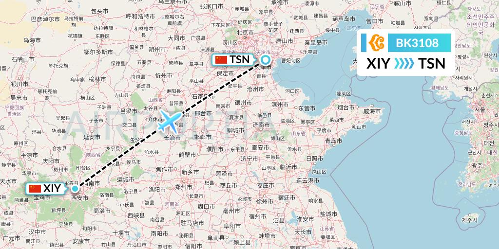 BK3108 Okay Airways Flight Map: Xi'an to Tianjin