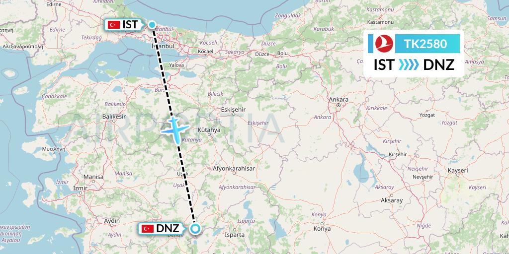 TK2580 Turkish Airlines Flight Map: Istanbul to Cardak